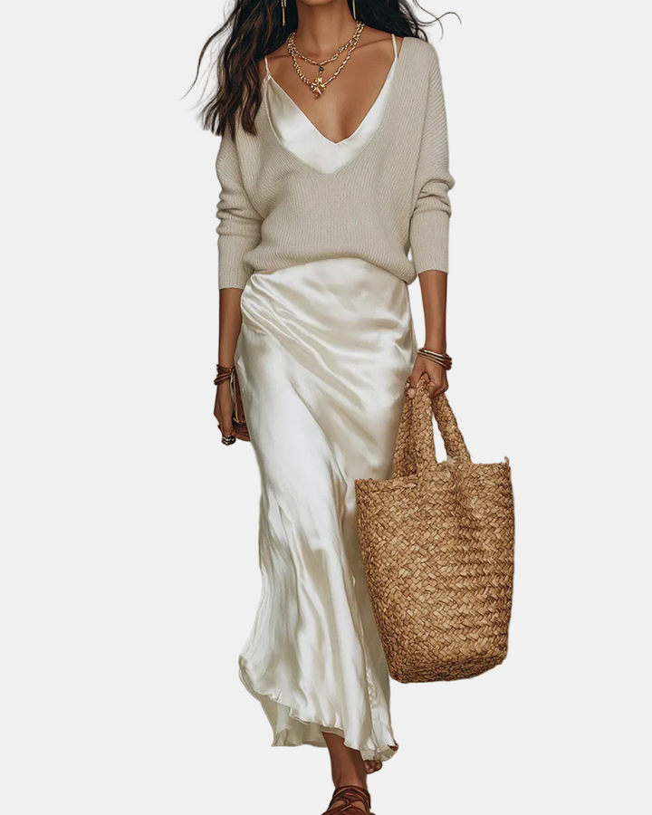 Elena | Robe midi satinée avec pull inclus