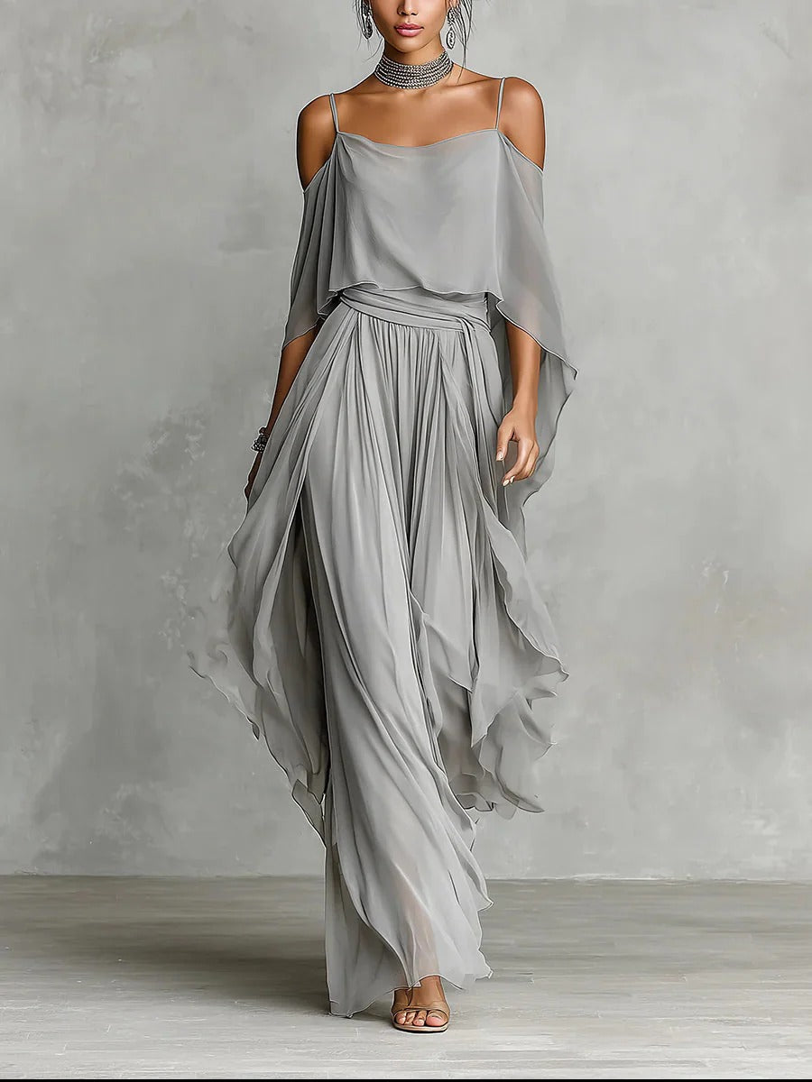 Élise | Ensemble fluide gris avec top à bretelles et pantalon léger