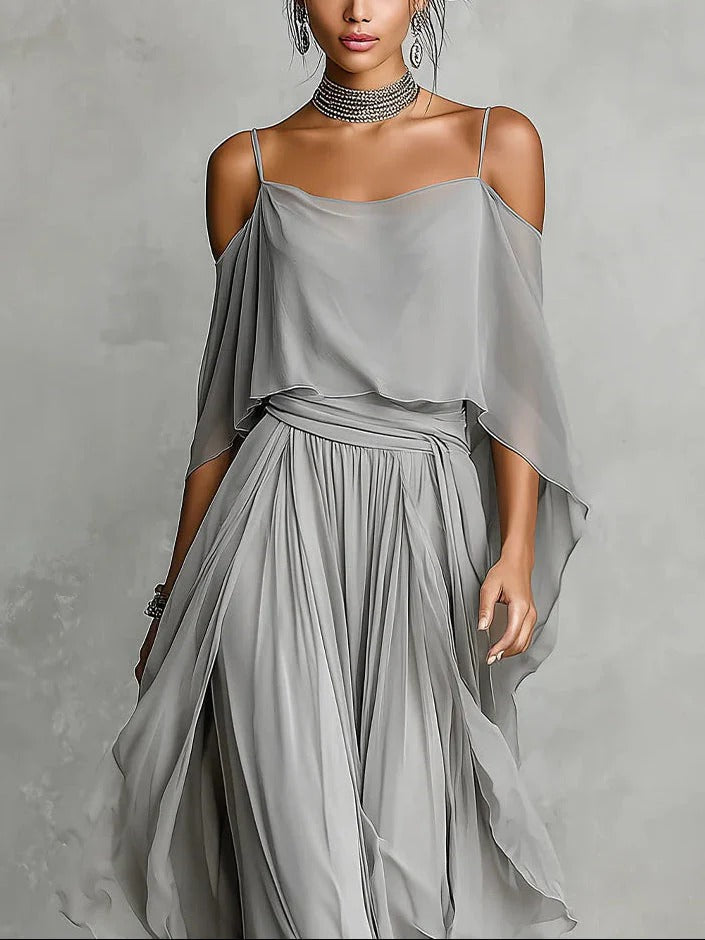 Élise | Ensemble fluide gris avec top à bretelles et pantalon léger